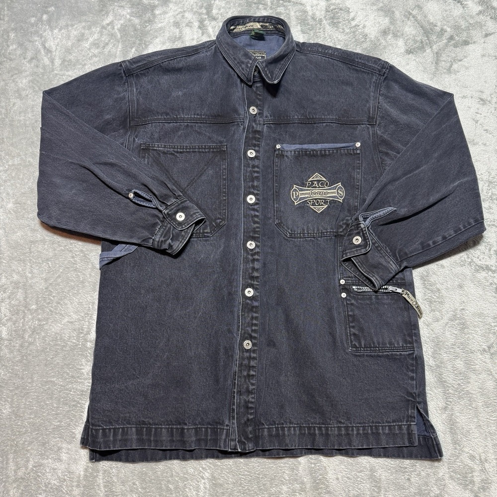 Vintage Paco Jeans Sport Denim Chore Jacket Large Black‎ Utility Overshirt 90s